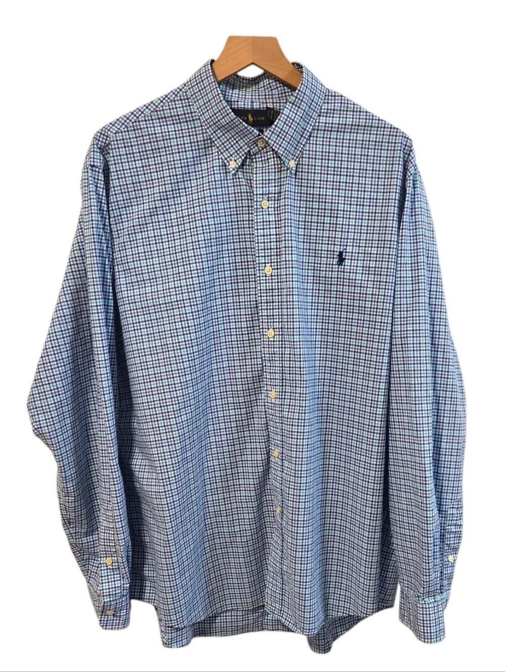 Ralph Lauren Blue Gingham Button Down 100% Cotton Shirt XXL